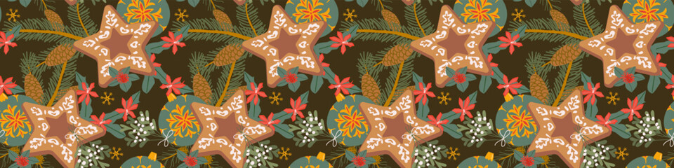 Christmas seamless pattern border on dark background. Christmas cookie star, bauble with xmas cactus, snowberry and spruce branches. Festive background.