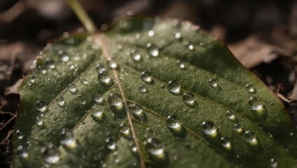 Close-up of a green leaf covered in water droplets, lying on a bed of decaying foliage
