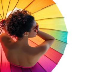 Woman sitting on beach under colorful umbrella enjoying refreshing drink transparent png for microstock