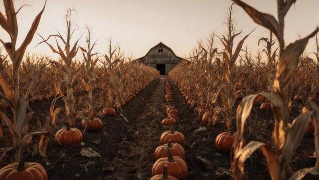 An eye-level perspective of a pumpkin patch leading to a rustic barn, under an orange sky