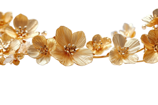 Golden floral arrangement featuring several flowers with golden petals and crystal accents, arranged with some reflected on a clean white background