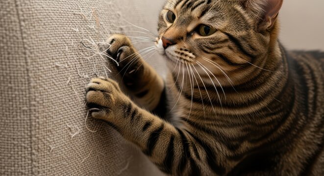 Brown tabby cat scratching beige upholstered furniture with curious expression