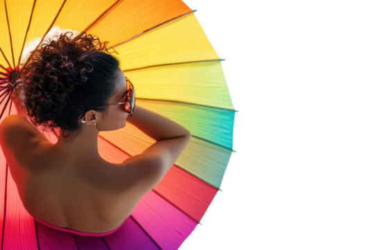 Woman sitting on beach under colorful umbrella enjoying refreshing drink transparent png for microstock