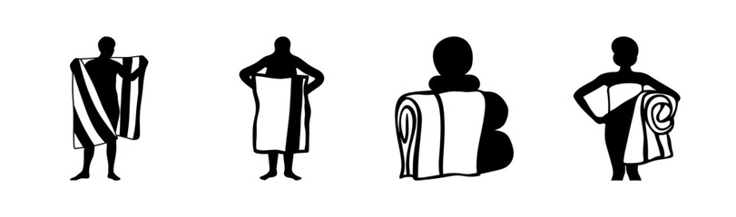 Silhouettes of people with towels, depicting bathing, hygiene, and spa activities