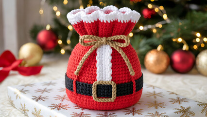 Handcrafted Crochet Santa Gift Bag with Ribbon – Festive Christmas Decoration