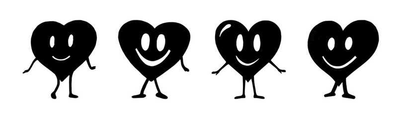 Happy heart character illustrations in a row, smiling, with arms and legs, isolated.