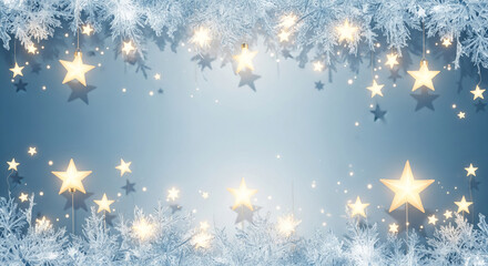 Icy frame with bright star. Decorative star garland on ice covered branch, creating a festive winter atmosphere, representing a celebration, space free