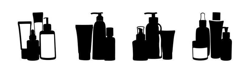 Set of diverse cosmetic beauty product bottle and tube silhouettes for branding design