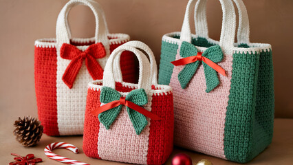 Handmade Crocheted Christmas Gift Bags with Bows – Festive Holiday Craft Display