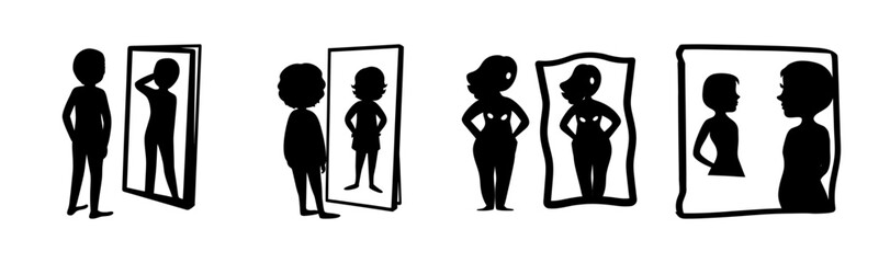 Self-perception and body image concepts displayed through mirror reflections.