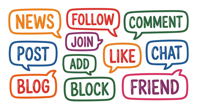 Hand drawn social media speech bubbles with common action words