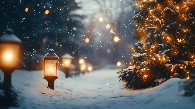 Magical winter scene with glowing lanterns on a snowy path and a decorated Christmas tree. Festive holiday background with falling snow at night