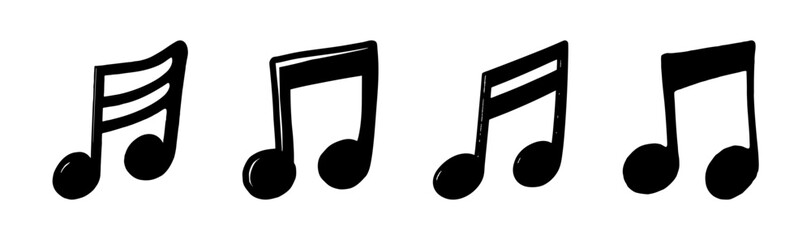 Black hand-drawn musical notes isolated on white background, simple music symbol