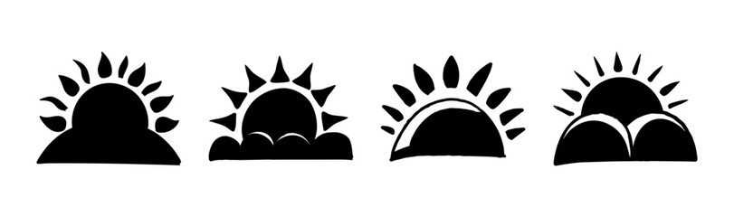 Collection of black sun rising and setting vector icons with various cloud designs