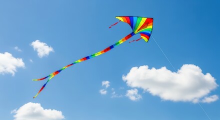 Colorful rainbow kite soaring against blue sky and white clouds
