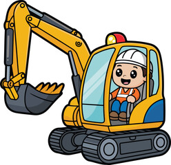 Happy Kid in Hard Hat Operating Heavy Construction Equipment