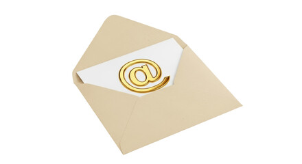 Open envelope with golden at sign PNG isolated on transparent background, email communication concept for graphic design and web use