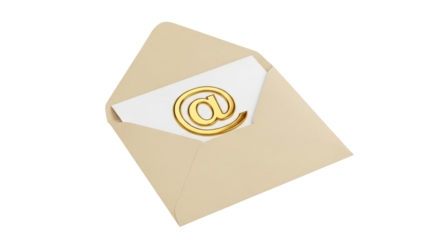 Open envelope with golden at sign PNG isolated on transparent background, email communication concept for graphic design and web use