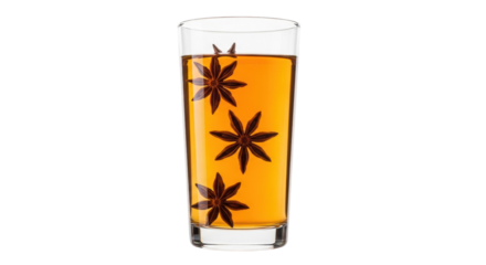 Refreshing amber drink with star anise isolated PNG, aromatic beverage for winter holidays and festive occasions on transparent background