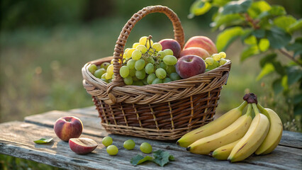 Fresh fruit basket with grapes, apples, and peaches on a rustic wooden table outdoors