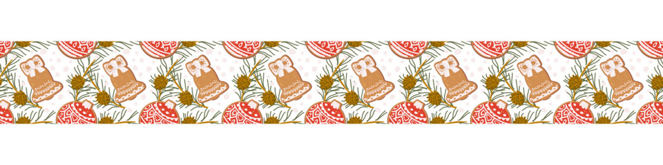 Christmas festive border pattern with xmas cookies and winter plants. Cartoon flat illustration of gingerbread cookies and pine branches.