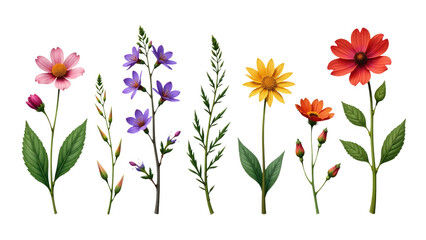 A row of colorful flowers on a white background, great for graphic designs and illustrations