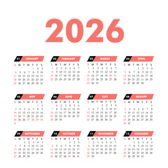 Year 2026 pink and white calendar template vector illustration. week starts sunday