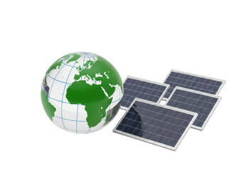 Earth globe and solar panels for clean energy isolated on transparent background
