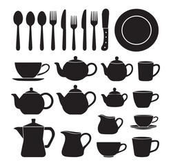 Collection of black silhouettes of kitchenware and tableware items