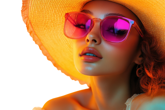 Woman wearing oversized hat and blue sunglasses posing in a Studio with a transparent background for use as a microstock asset