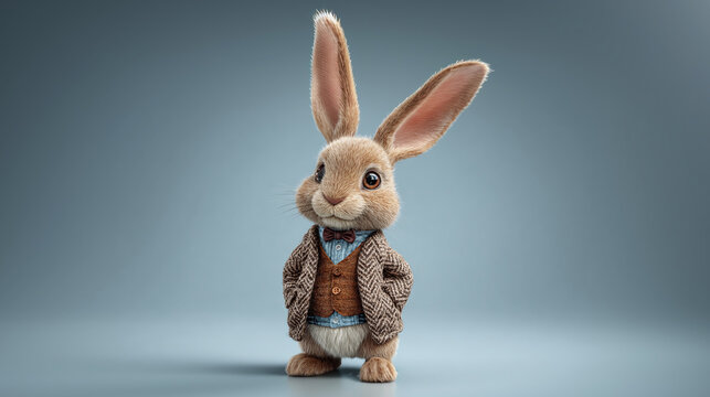 A charming bunny dressed in a stylish tweed suit, complete with a bow tie, stands against a serene backdrop, epitomizing elegance and sophistication in a whimsical way.