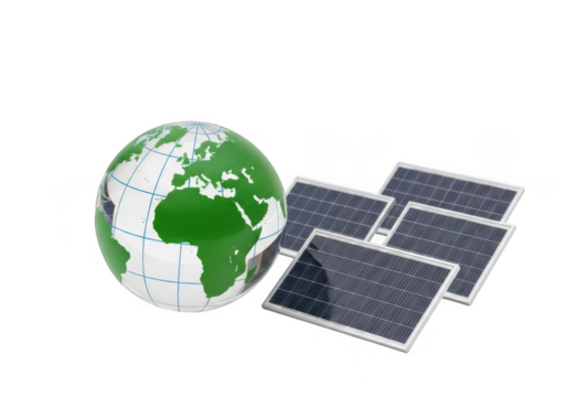 Earth globe and solar panels for clean energy isolated on transparent background