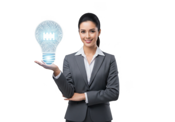 Businesswoman holding tech idea lightbulb isolated on transparent background