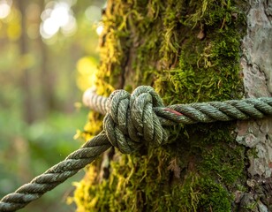 Close-up of a rope tied around a tree trunk covered in green moss, illuminated by soft sunlight
