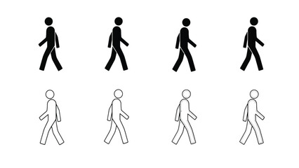 Walking Man Icon Set. Simple Pedestrian Silhouette and Line Art Vector Illustration Collection