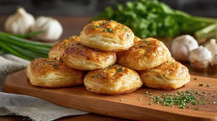 Golden, flaky pastries stacked high on a wooden board, sprinkled with fresh herbs. A delightful bakery treat! Perfect for breakfast, brunch or afternoon tea.