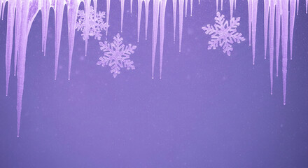 Image of icicle and snowflake, against purple background, showing winter element. Suitable for a cold season design, Christmas, Winter and related concepts