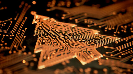 Close-up of a copper circuit board in the shape of a Christmas tree, Christmas concept in the future of artificial intelligence