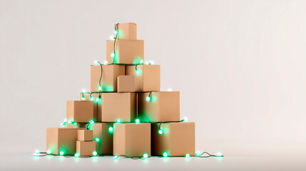 Cardboard boxes stacked in the shape of a pine tree with LED lights on a white background, Christmas e-commerce concept
