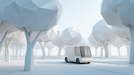 Autonomous delivery vehicle driving through a minimalist landscape of white geometric trees, concept of future logistics