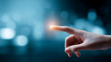 A woman's hand touching with her finger while emitting light, a concept of virtual reality in modern technology