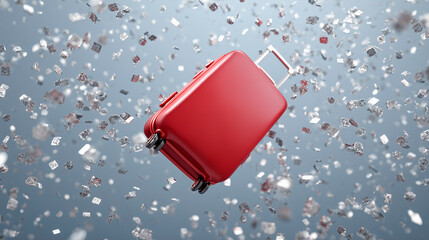Red suitcase floating in the air surrounded by silver confetti, Christmas travel concept
