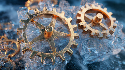 Golden mechanical gears, stuck in ice, concept of the passage of time and New Year