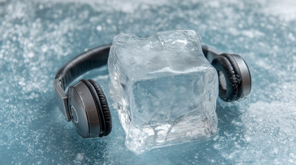 Headphones resting on a block of ice, Christmas music concept