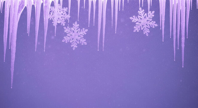 Image of icicle and snowflake, against purple background, showing winter element. Suitable for a cold season design, Christmas, Winter and related concepts