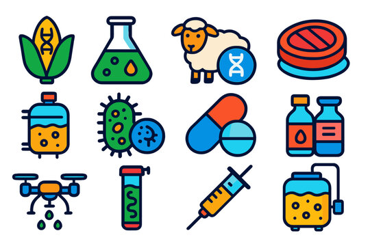 Biotech Icon Set. Flat vector icons of biotechnology applications: GMO crop, biofuel flask, cloned sheep, synthetic meat patty,