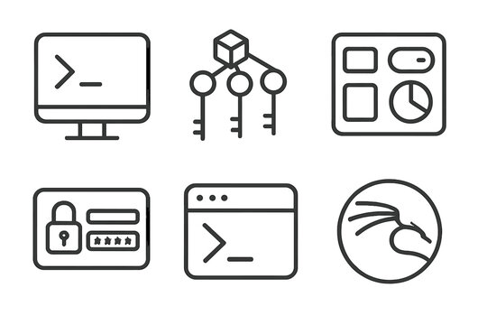 Hacking Lab OS Icons. Line style icons of operating systems in hacking labs: Linux terminal screen, Windows registry icon, OS