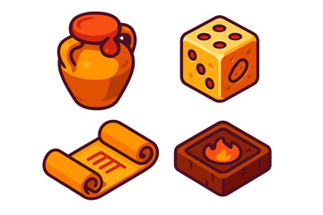 Ancient Game Artifacts Icons. Isometric vector illustration set Ancient Game Artifacts: Sealed clay piece jar, engraved ivory die,