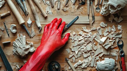 Wood carver hand covered in red paint carving wood on a wooden table with tools at daytime