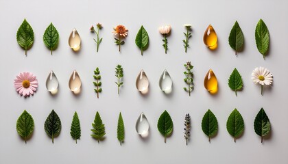 自然素材を整列したミニマルなグリッド構成  
Minimal grid of assorted natural elements on light background
